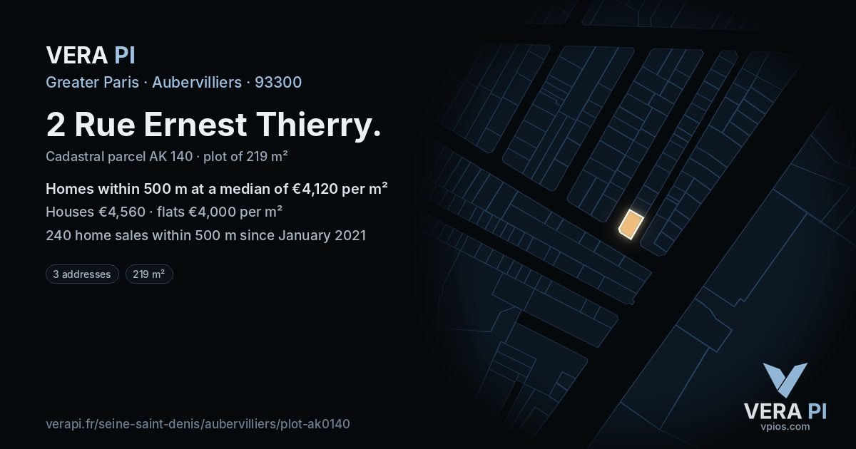 2 Rue Ernest Thierry, Aubervilliers at night – the plot lit, the parcels around coloured by the prices near them