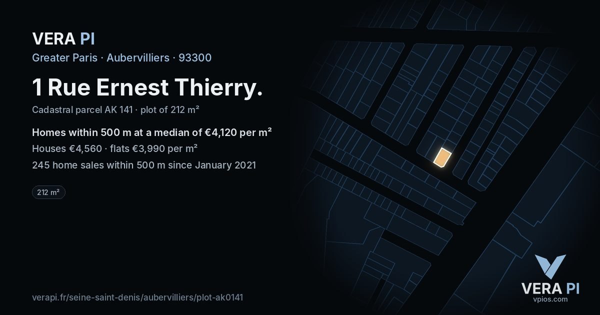 1 Rue Ernest Thierry, Aubervilliers at night – the plot lit, the parcels around coloured by the prices near them