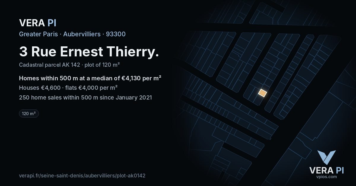 3 Rue Ernest Thierry, Aubervilliers at night – the plot lit, the parcels around coloured by the prices near them