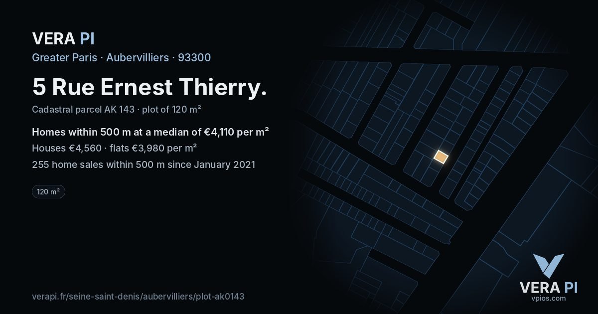 5 Rue Ernest Thierry, Aubervilliers at night – the plot lit, the parcels around coloured by the prices near them