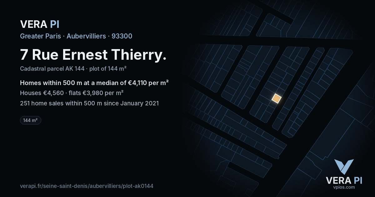 7 Rue Ernest Thierry, Aubervilliers at night – the plot lit, the parcels around coloured by the prices near them