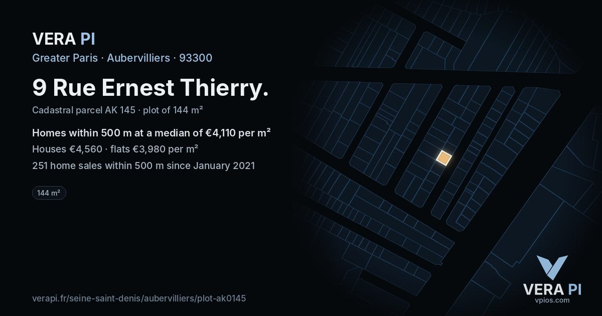 9 Rue Ernest Thierry, Aubervilliers at night – the plot lit, the parcels around coloured by the prices near them