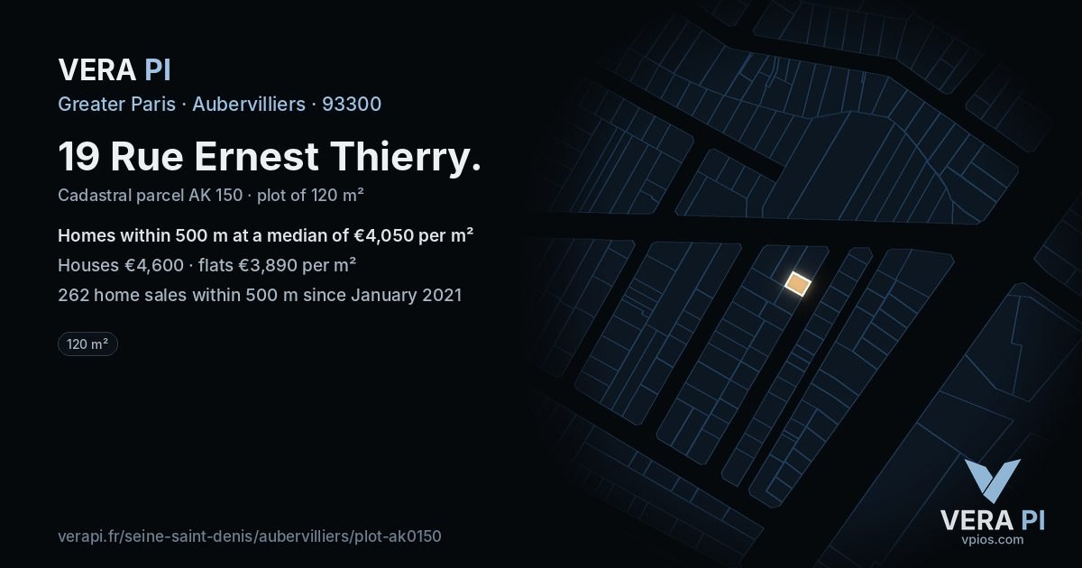 19 Rue Ernest Thierry, Aubervilliers at night – the plot lit, the parcels around coloured by the prices near them