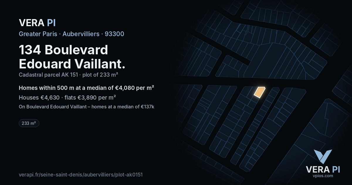 134 Boulevard Edouard Vaillant, Aubervilliers at night – the plot lit, the parcels around coloured by the prices near them