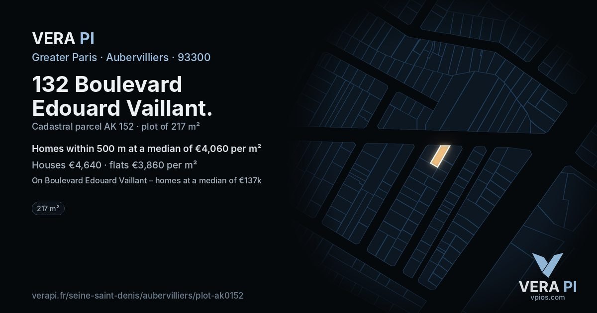 132 Boulevard Edouard Vaillant, Aubervilliers at night – the plot lit, the parcels around coloured by the prices near them