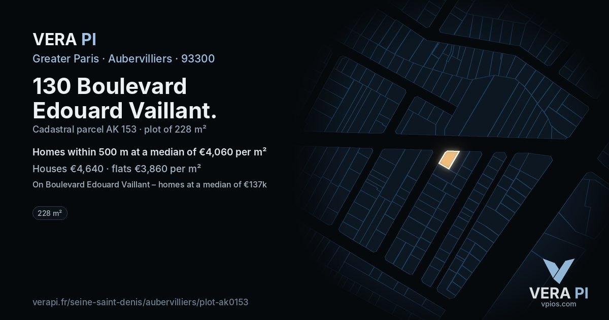 130 Boulevard Edouard Vaillant, Aubervilliers at night – the plot lit, the parcels around coloured by the prices near them