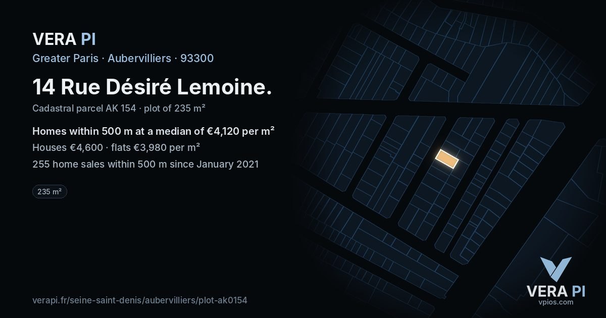 14 Rue Désiré Lemoine, Aubervilliers at night – the plot lit, the parcels around coloured by the prices near them