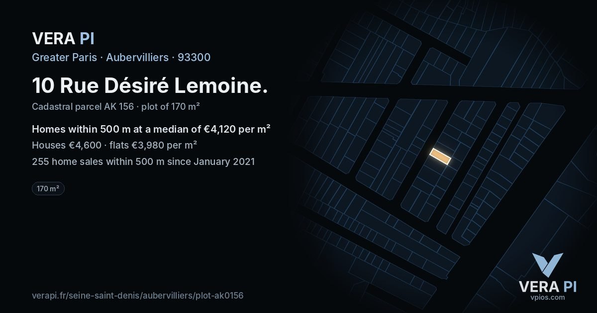 10 Rue Désiré Lemoine, Aubervilliers at night – the plot lit, the parcels around coloured by the prices near them
