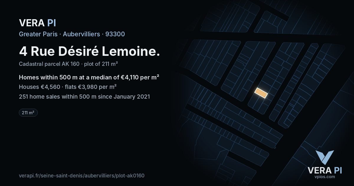 4 Rue Désiré Lemoine, Aubervilliers at night – the plot lit, the parcels around coloured by the prices near them