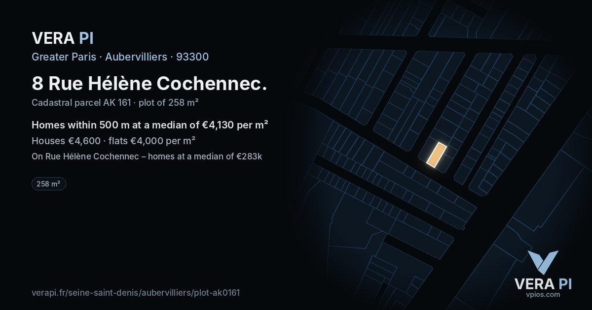 8 Rue Hélène Cochennec, Aubervilliers at night – the plot lit, the parcels around coloured by the prices near them