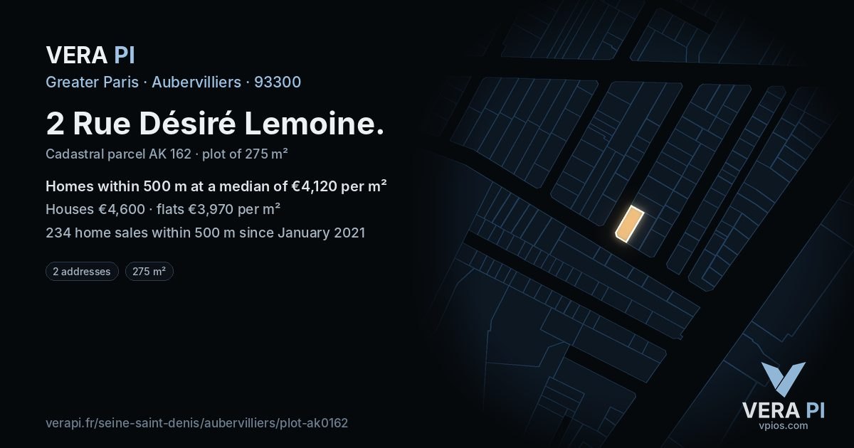 2 Rue Désiré Lemoine, Aubervilliers at night – the plot lit, the parcels around coloured by the prices near them