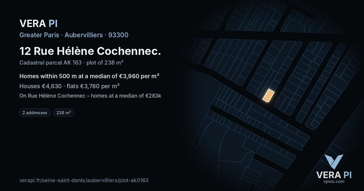 12 Rue Hélène Cochennec, Aubervilliers at night – the plot lit, the parcels around coloured by the prices near them