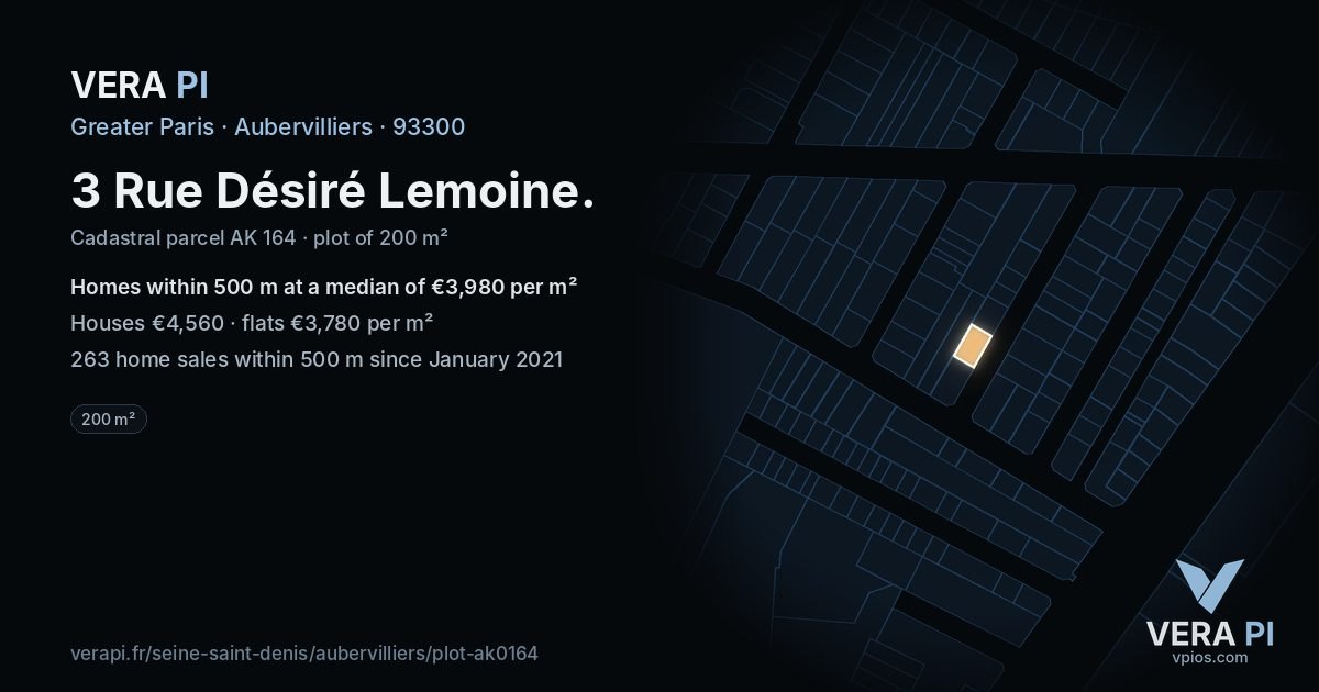 3 Rue Désiré Lemoine, Aubervilliers at night – the plot lit, the parcels around coloured by the prices near them