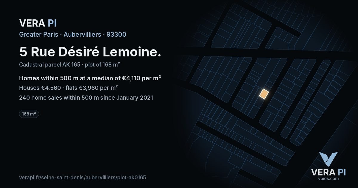 5 Rue Désiré Lemoine, Aubervilliers at night – the plot lit, the parcels around coloured by the prices near them