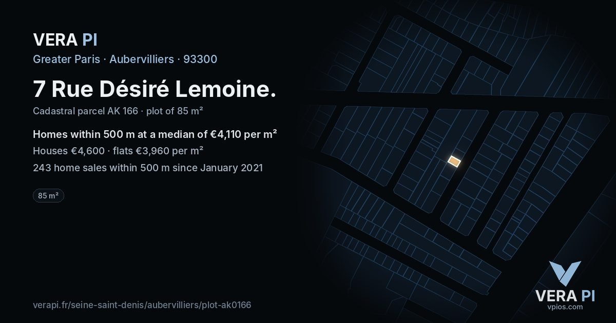 7 Rue Désiré Lemoine, Aubervilliers at night – the plot lit, the parcels around coloured by the prices near them