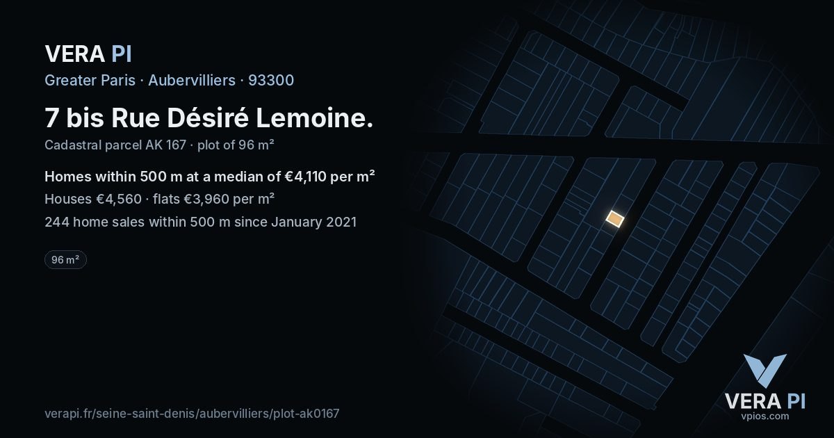 7 bis Rue Désiré Lemoine, Aubervilliers at night – the plot lit, the parcels around coloured by the prices near them