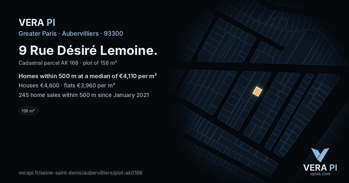 9 Rue Désiré Lemoine, Aubervilliers at night – the plot lit, the parcels around coloured by the prices near them