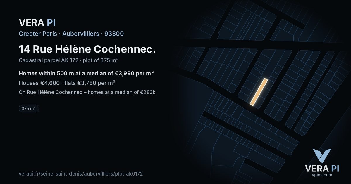 14 Rue Hélène Cochennec, Aubervilliers at night – the plot lit, the parcels around coloured by the prices near them