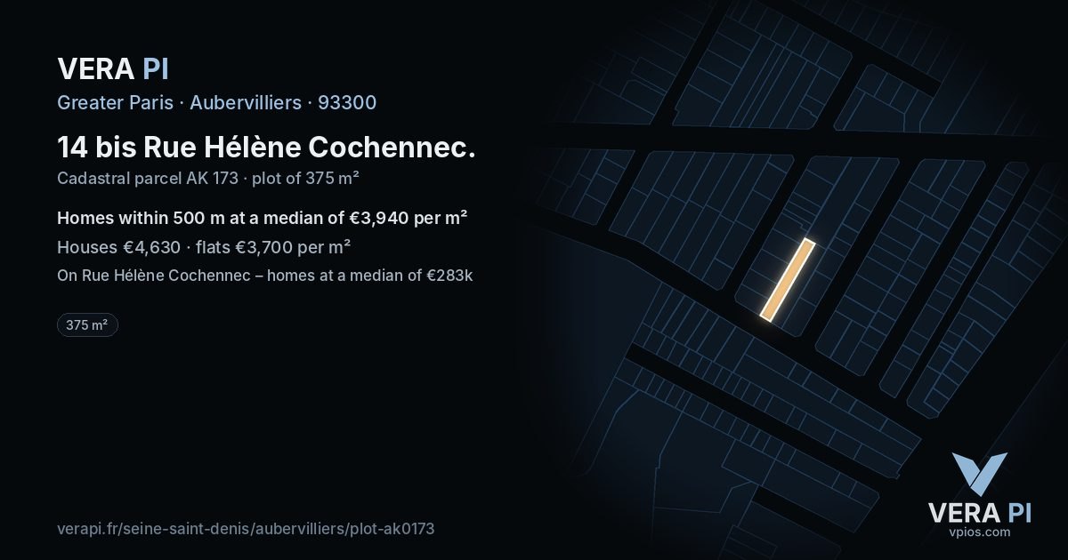 14 bis Rue Hélène Cochennec, Aubervilliers at night – the plot lit, the parcels around coloured by the prices near them