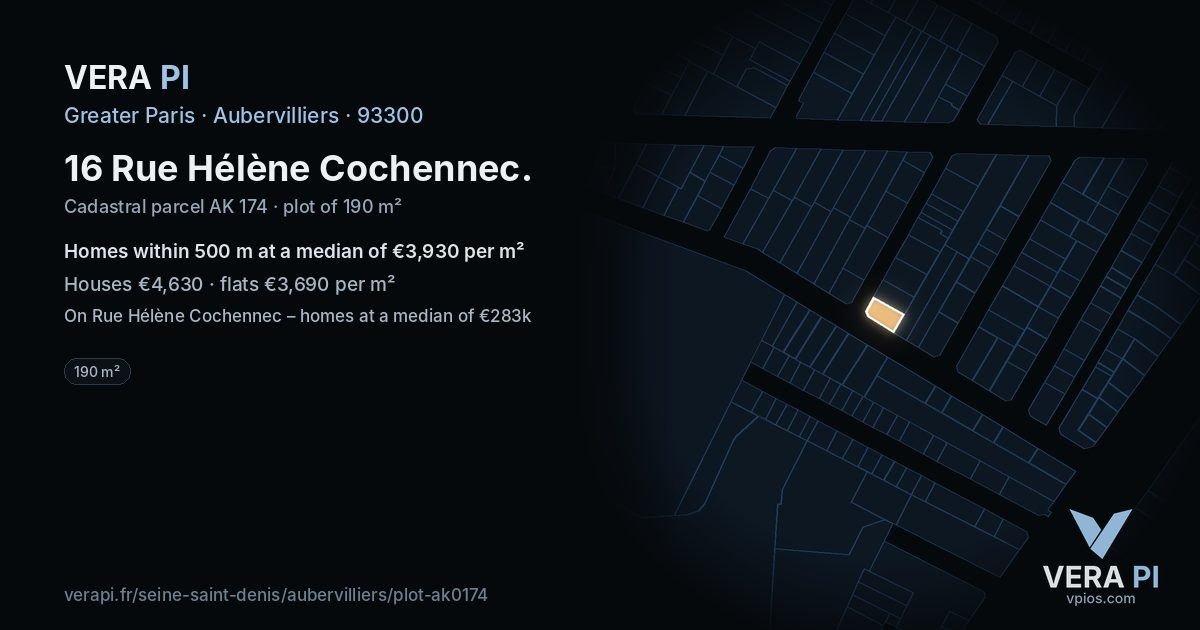 16 Rue Hélène Cochennec, Aubervilliers at night – the plot lit, the parcels around coloured by the prices near them