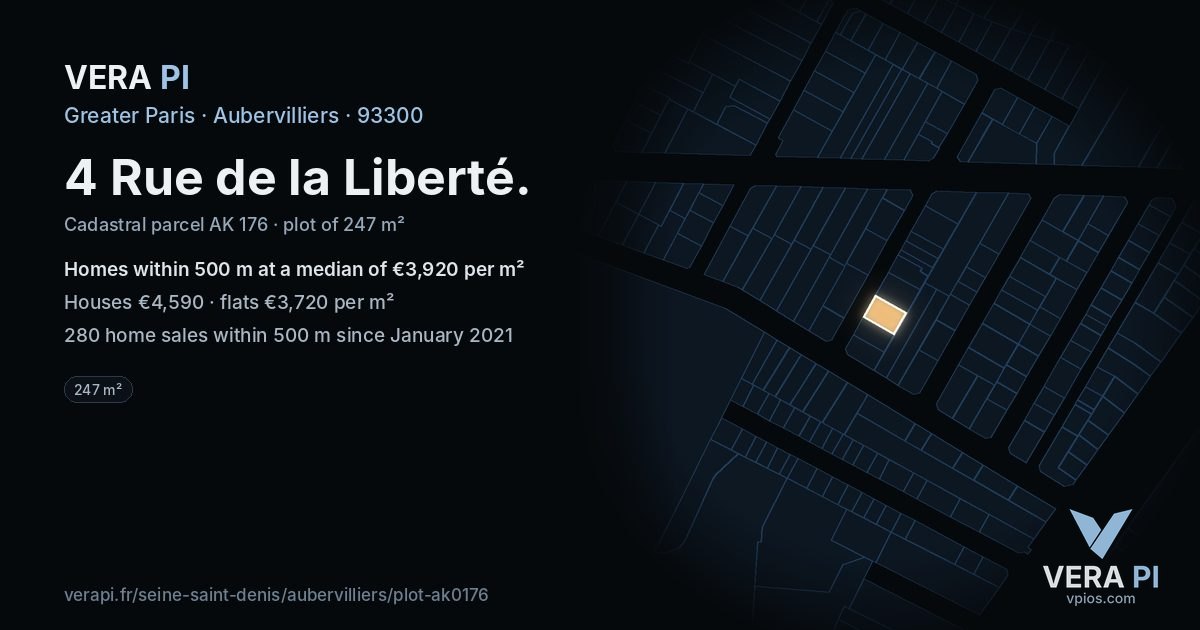 4 Rue de la Liberté, Aubervilliers at night – the plot lit, the parcels around coloured by the prices near them