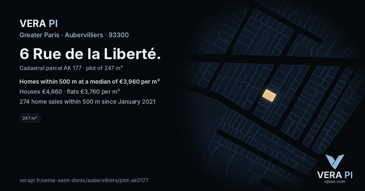 6 Rue de la Liberté, Aubervilliers at night – the plot lit, the parcels around coloured by the prices near them