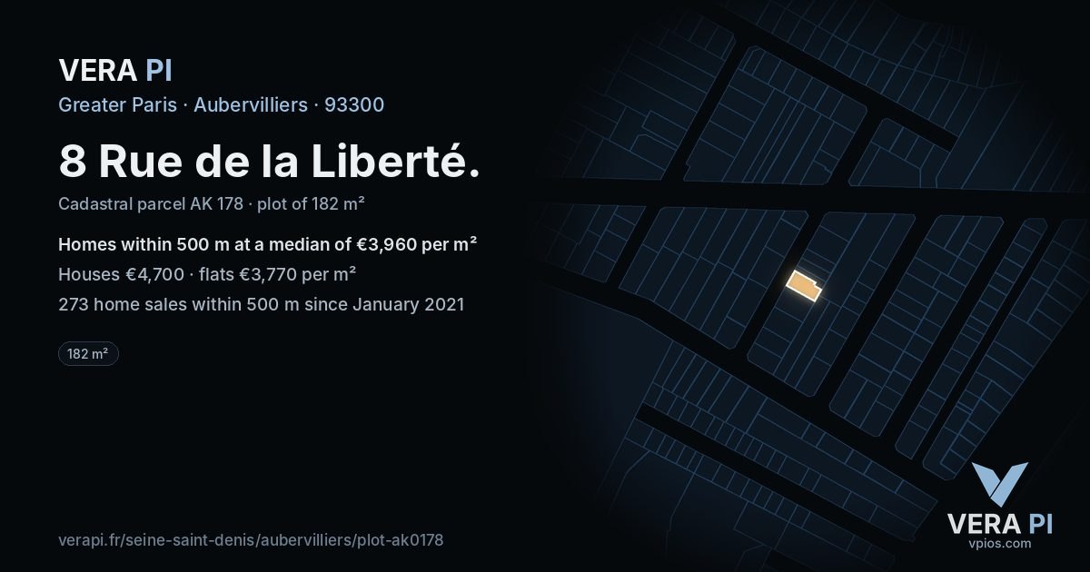 8 Rue de la Liberté, Aubervilliers at night – the plot lit, the parcels around coloured by the prices near them