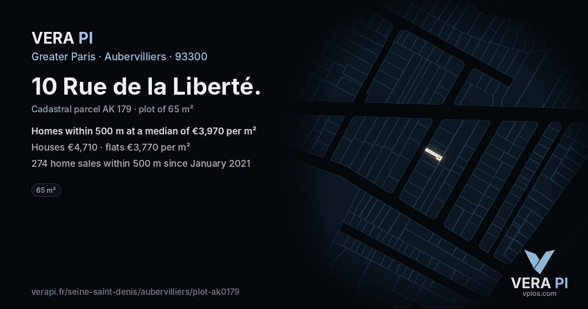 10 Rue de la Liberté, Aubervilliers at night – the plot lit, the parcels around coloured by the prices near them