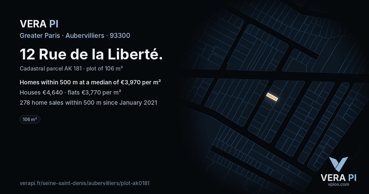 12 Rue de la Liberté, Aubervilliers at night – the plot lit, the parcels around coloured by the prices near them