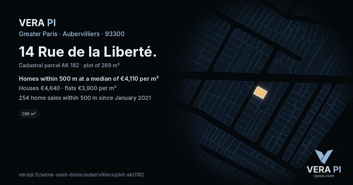 14 Rue de la Liberté, Aubervilliers at night – the plot lit, the parcels around coloured by the prices near them