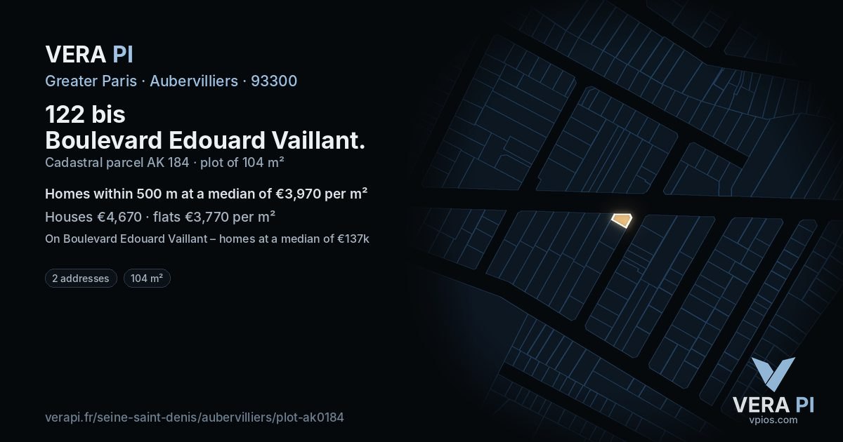 122 bis Boulevard Edouard Vaillant, Aubervilliers at night – the plot lit, the parcels around coloured by the prices near them