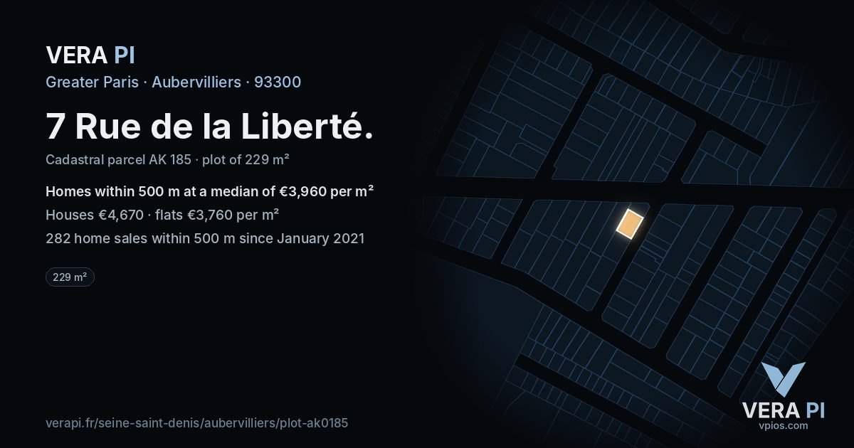 7 Rue de la Liberté, Aubervilliers at night – the plot lit, the parcels around coloured by the prices near them