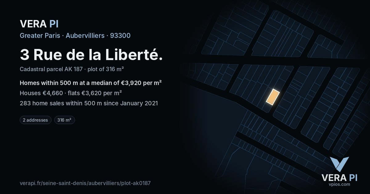 3 Rue de la Liberté, Aubervilliers at night – the plot lit, the parcels around coloured by the prices near them