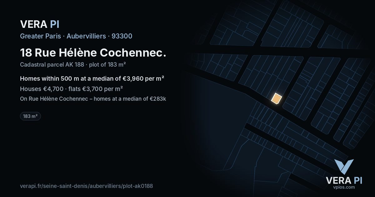 18 Rue Hélène Cochennec, Aubervilliers at night – the plot lit, the parcels around coloured by the prices near them
