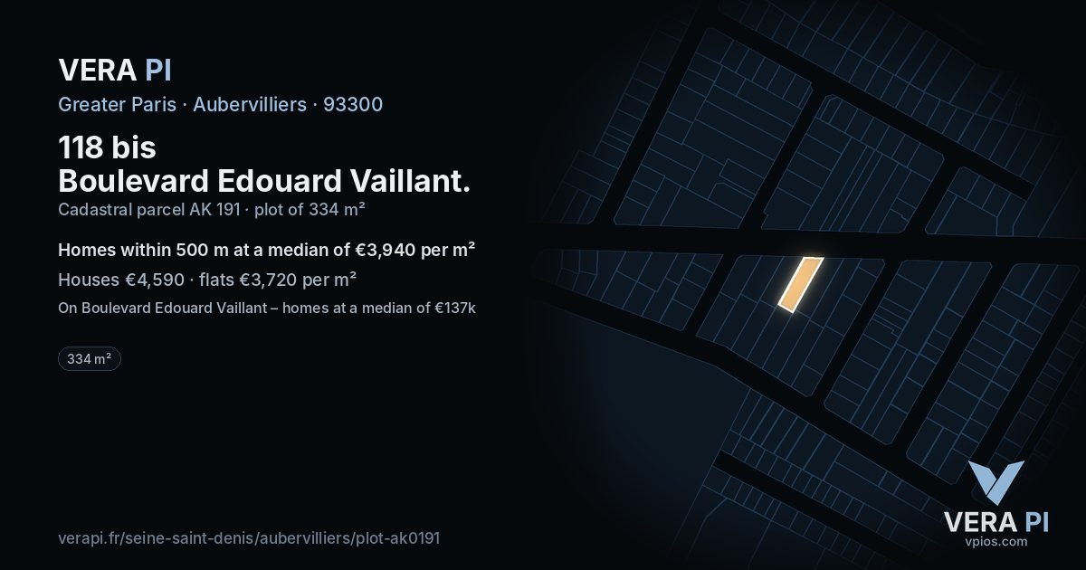 118 bis Boulevard Edouard Vaillant, Aubervilliers at night – the plot lit, the parcels around coloured by the prices near them