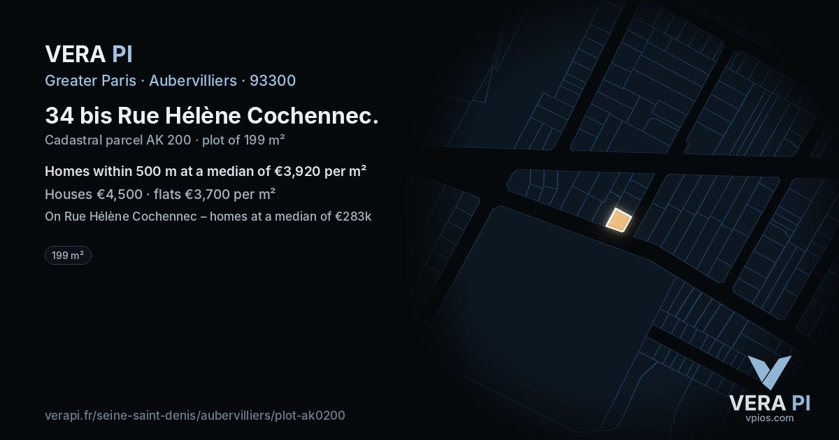 34 bis Rue Hélène Cochennec, Aubervilliers at night – the plot lit, the parcels around coloured by the prices near them