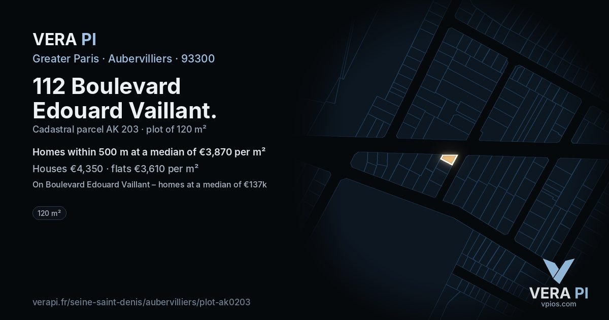 112 Boulevard Edouard Vaillant, Aubervilliers at night – the plot lit, the parcels around coloured by the prices near them