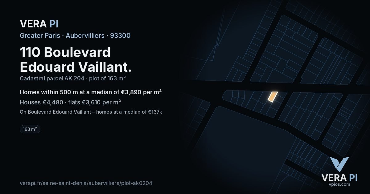 110 Boulevard Edouard Vaillant, Aubervilliers at night – the plot lit, the parcels around coloured by the prices near them
