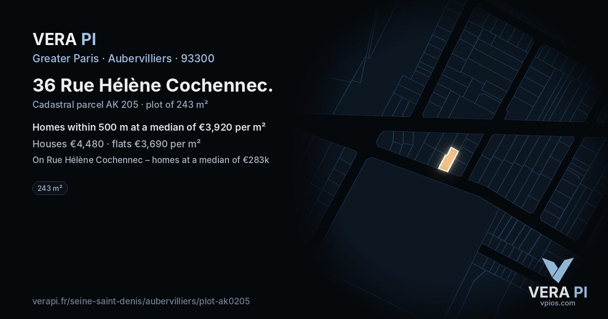 36 Rue Hélène Cochennec, Aubervilliers at night – the plot lit, the parcels around coloured by the prices near them