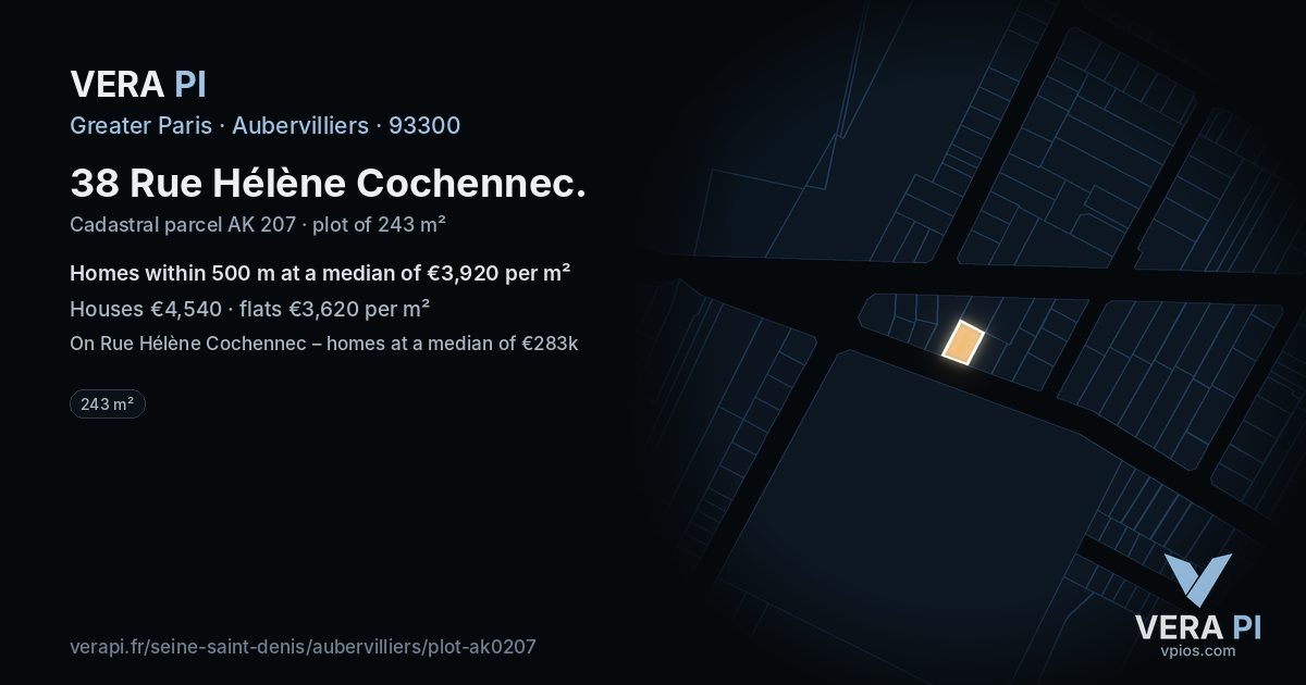 38 Rue Hélène Cochennec, Aubervilliers at night – the plot lit, the parcels around coloured by the prices near them