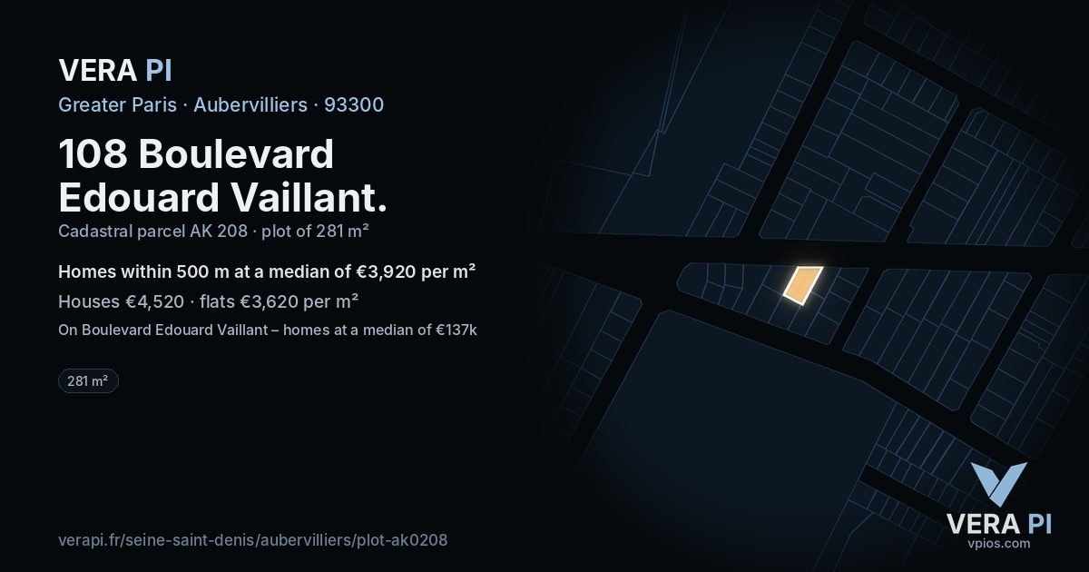 108 Boulevard Edouard Vaillant, Aubervilliers at night – the plot lit, the parcels around coloured by the prices near them