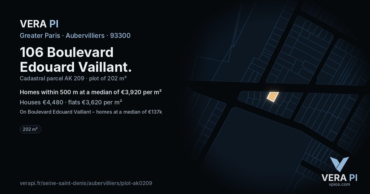 106 Boulevard Edouard Vaillant, Aubervilliers at night – the plot lit, the parcels around coloured by the prices near them