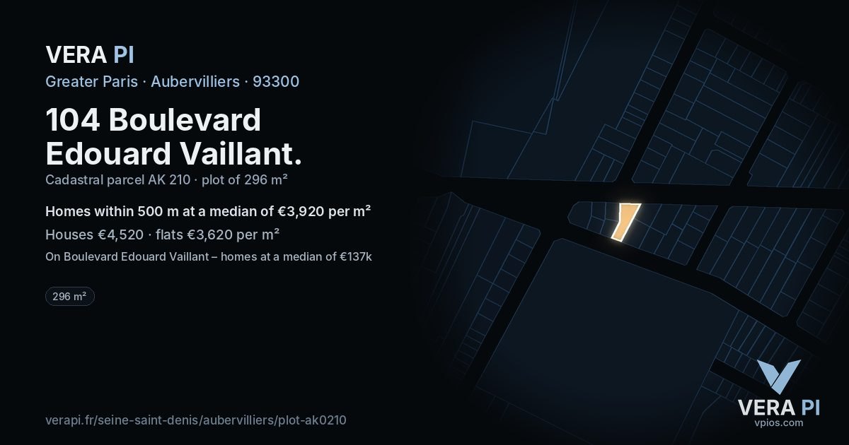 104 Boulevard Edouard Vaillant, Aubervilliers at night – the plot lit, the parcels around coloured by the prices near them