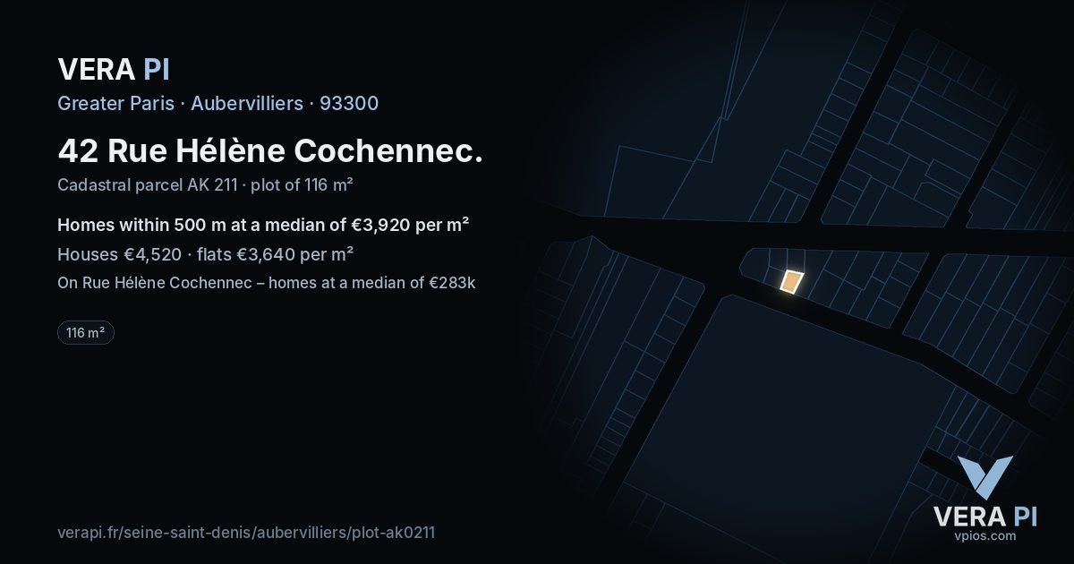 42 Rue Hélène Cochennec, Aubervilliers at night – the plot lit, the parcels around coloured by the prices near them