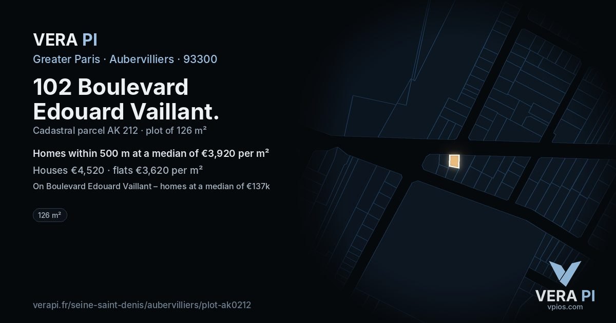 102 Boulevard Edouard Vaillant, Aubervilliers at night – the plot lit, the parcels around coloured by the prices near them