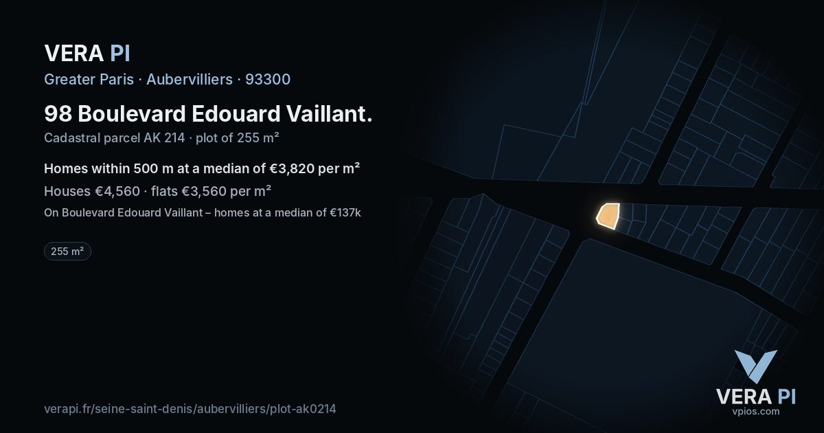 98 Boulevard Edouard Vaillant, Aubervilliers at night – the plot lit, the parcels around coloured by the prices near them