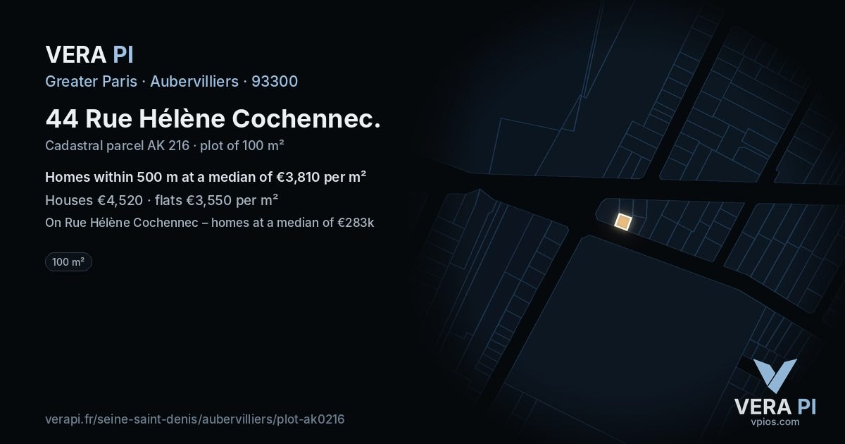 44 Rue Hélène Cochennec, Aubervilliers at night – the plot lit, the parcels around coloured by the prices near them