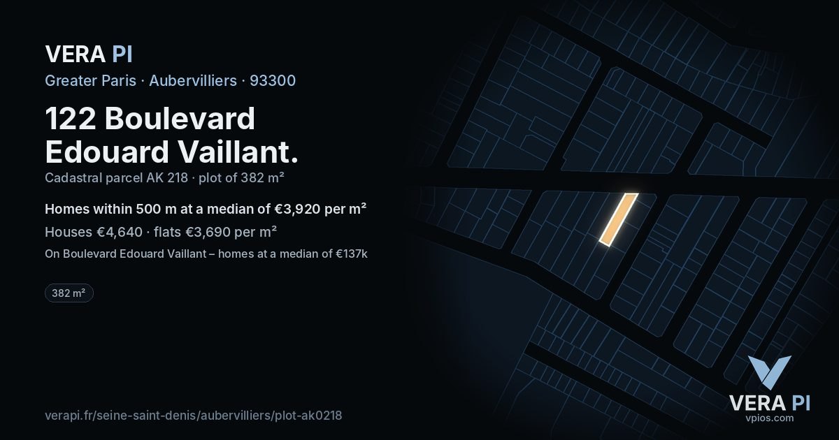 122 Boulevard Edouard Vaillant, Aubervilliers at night – the plot lit, the parcels around coloured by the prices near them