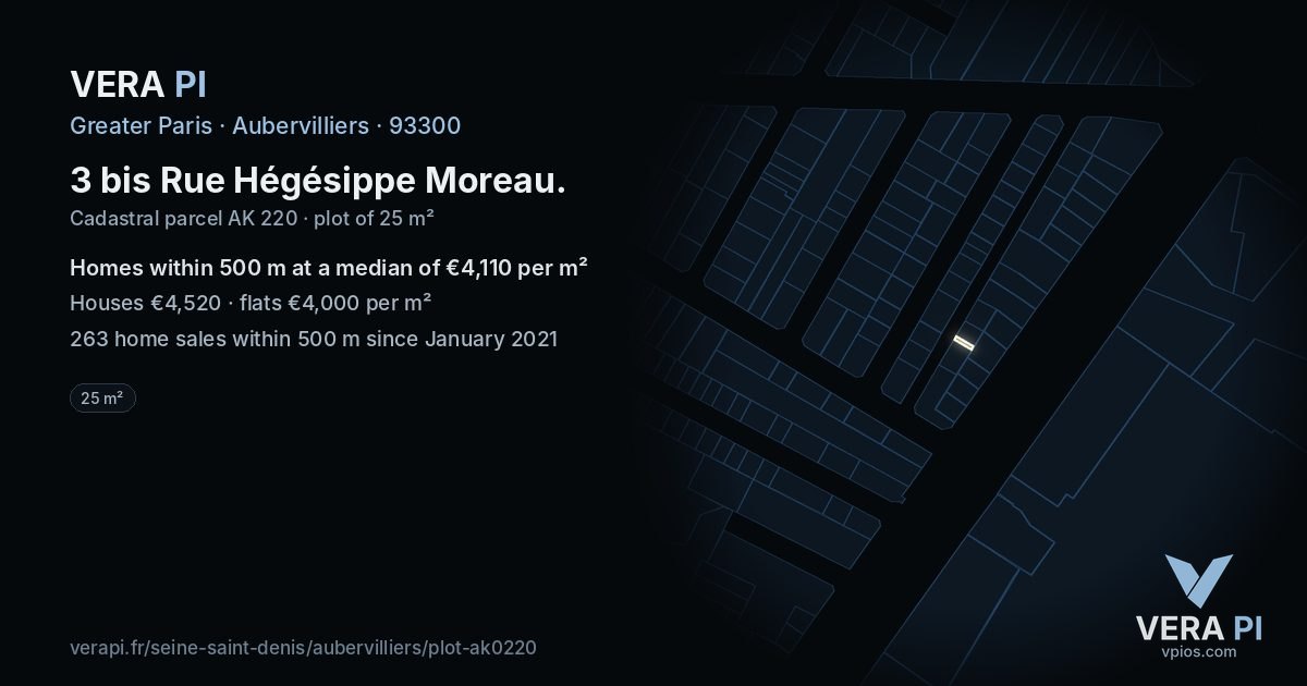 3 bis Rue Hégésippe Moreau, Aubervilliers at night – the plot lit, the parcels around coloured by the prices near them