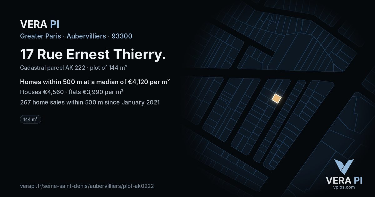 17 Rue Ernest Thierry, Aubervilliers at night – the plot lit, the parcels around coloured by the prices near them